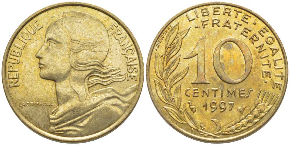 ФРАНЦИЯ 10 САНТИМОВ 1997 ТИП MARIANNE KM 929, LE FRANC 144.41 медь алюминий никель 116-433
