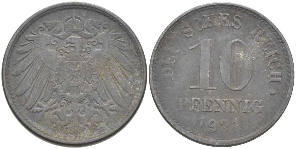ГЕРМАНИЯ 10 ПФЕННИГОВ 1921 (1917-1922) KM 26, J. 299, Weege 8 цинк 210-315