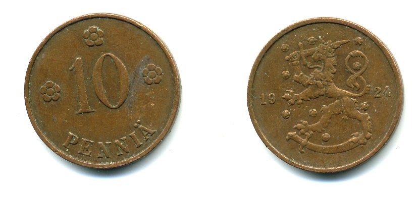 Финляндия 10 пенни 1924 республика (1918-1962) KM 24 медь 46-939
