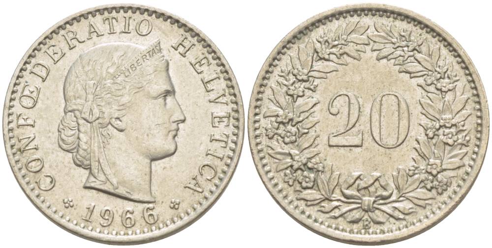 ШВЕЙЦАРИЯ 20 РАППЕНОВ 1966 В KM 29а медно-никель 4511-935