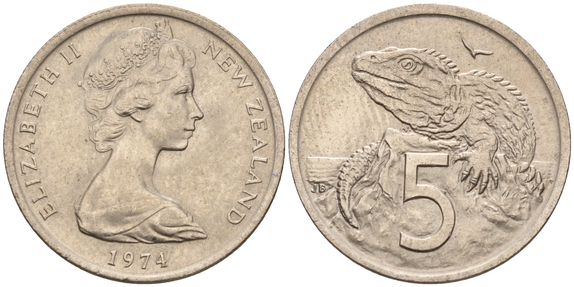 Новая Зеландия 5 центов 1974 Елизавета II (1952-2022), ящерица гаттерия KM 34.1 медно-никель 4602-662