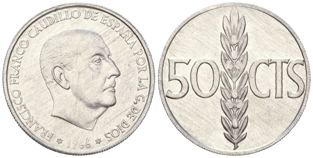 Испания 50 сентимо 1966 (74) Франсиско Франко (1939-1975) KM 795 алюминий UNC 261-647