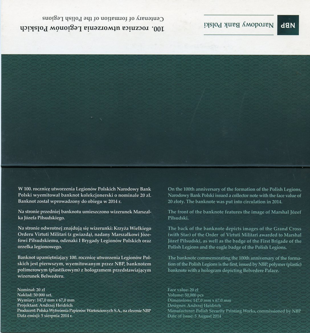 Польша 20 злотых 2014 100 лет польскому легиону,Юзеф Пилсудский, орден белого орла, в оригинальном буклете Pick 187 пластик UNC (пресс)   451-762-1