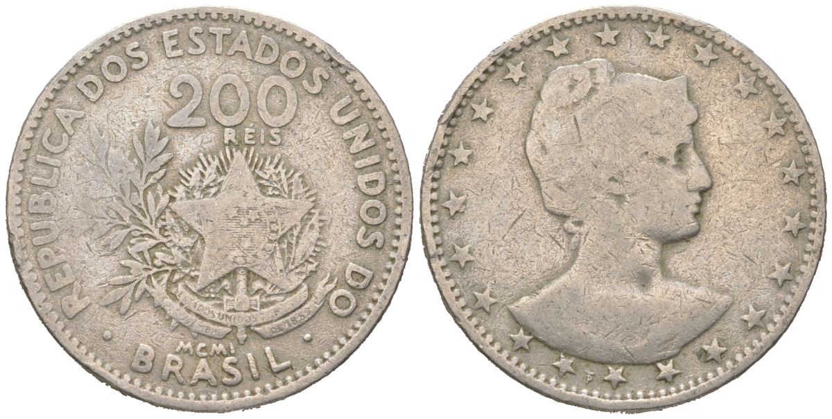 Бразилия 200 реалов 1901 MCMI, голова свободы вправо KM 504 медно-никель 4612-415