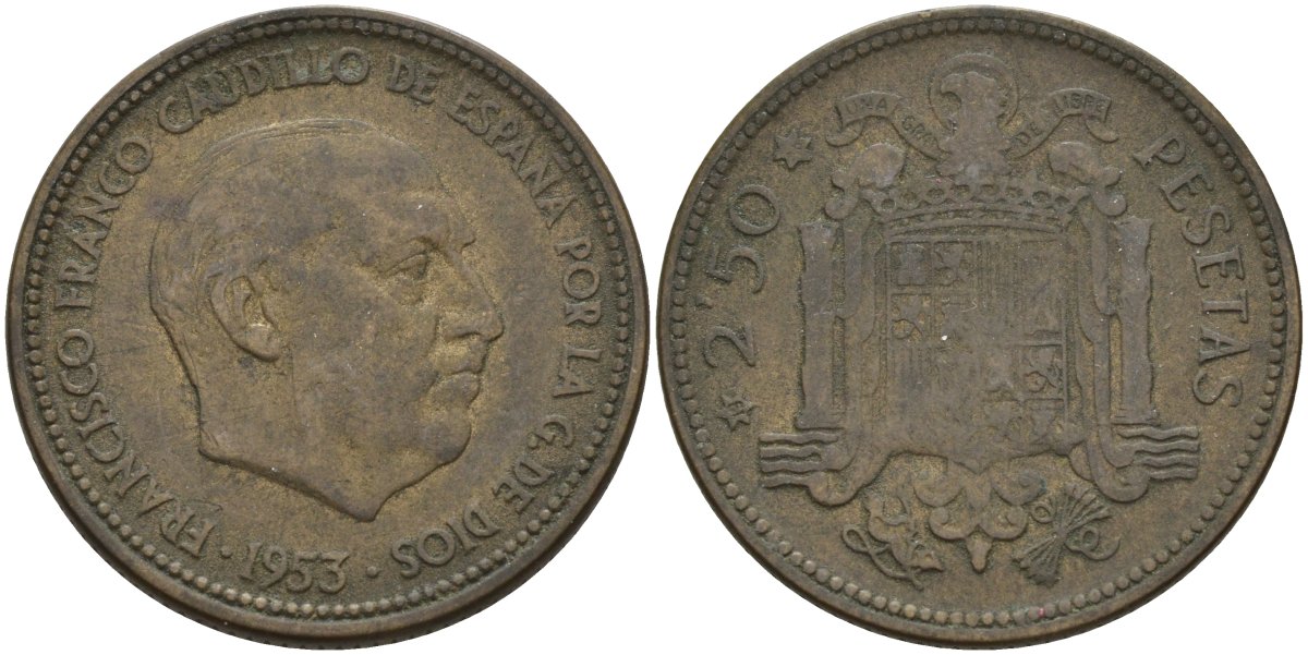Испания 2 1/2 песеты 1953 Франсиско Франко (1939 - 1975) KM 785 алюминиевая бронза 4149-1016