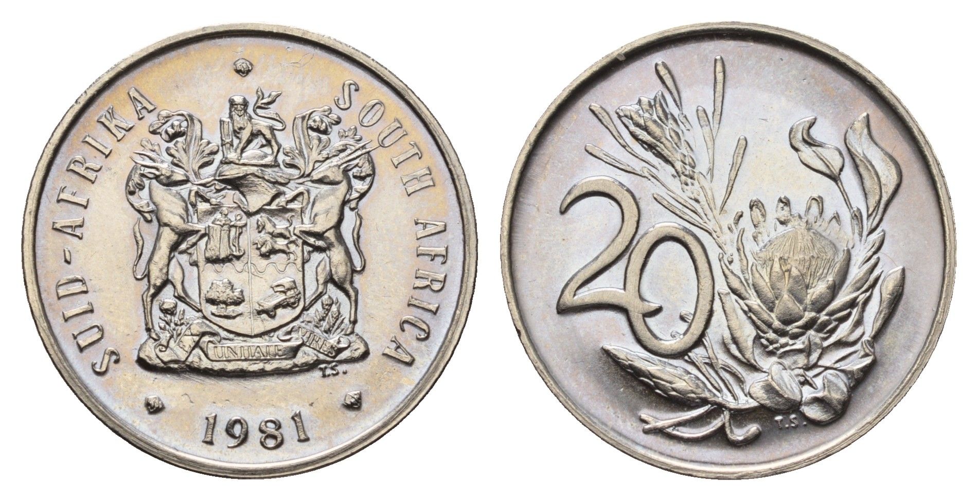 ЮАР 20 центов 1981 герб, цветок протея KM 86 никель UNC 4693-413