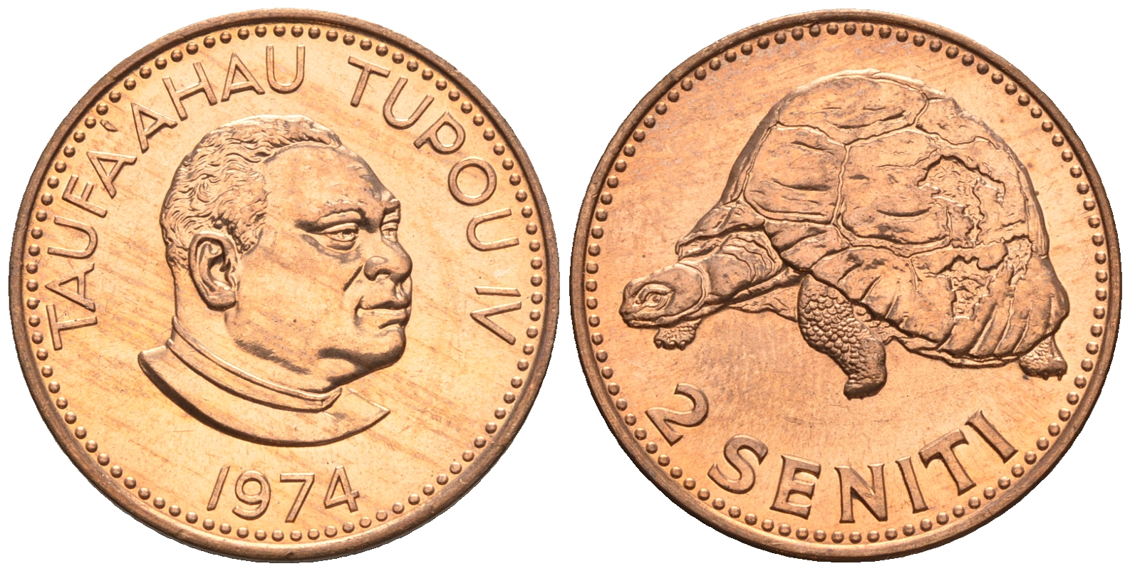 Тонга 2 сенити 1974 король Тауфа’ахау Тупоу IV (1967-2006), черепаха KM 28 бронза  UNC  220-1211