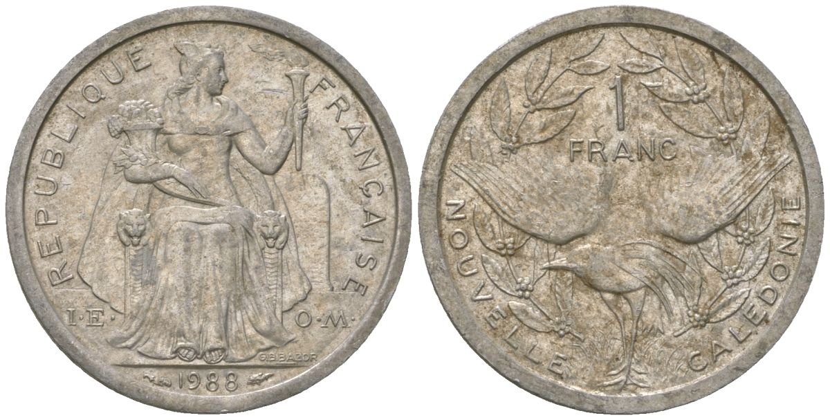 Французская Новая Каледония 1 франк 1988 птица кагу, (IEOM) KM 10, Schoen 10, Lec 48 алюминий 51-3815