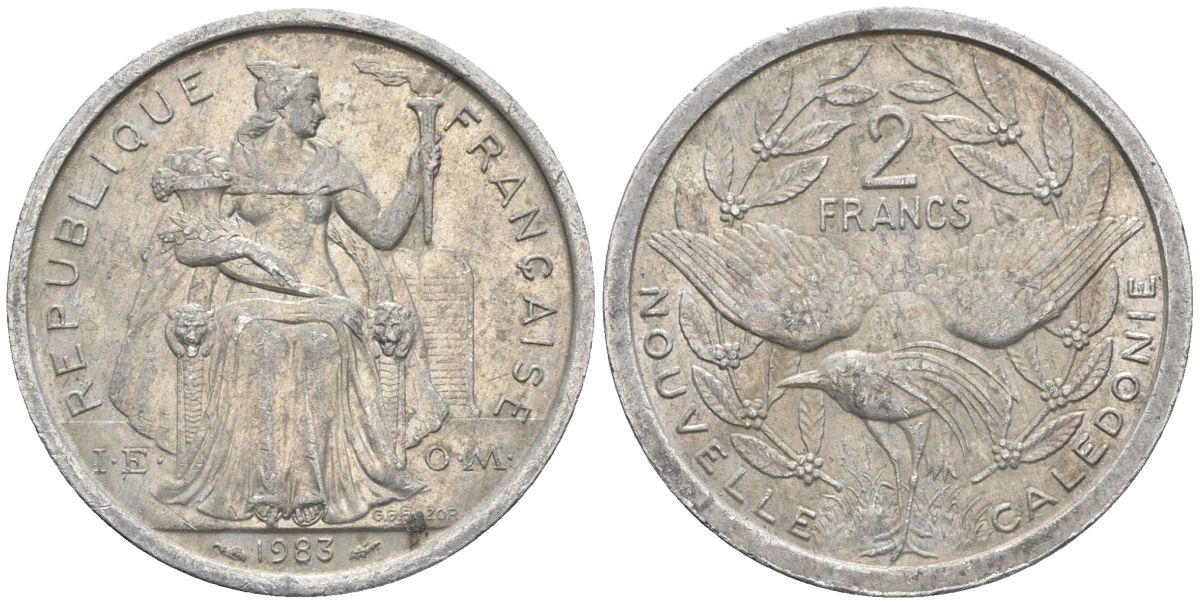 Французская Новая Каледония 2 франка 1983 птица кагу, (IEOM) KM 14, Schoen 11, Lec 63 алюминий    27-652