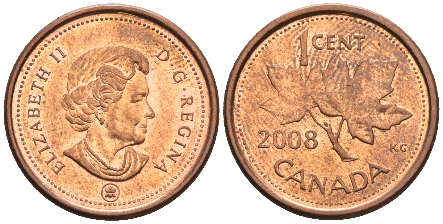 Канада 1 цент 2008 Елизавета II (1952-2022), кленовый лист KM 490а сталь плакированная медью 4609-419