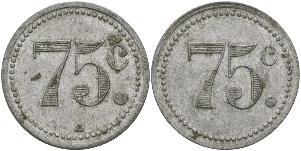 ФРАНЦИЯ 75 САНТИМОВ ND ПЛАТЕЖНЫЙ ЖЕТОН НАЧАЛА XX ВЕКА, ЦИФРЫ НОМИНАЛА 11 ММ., ДИАМЕТР 24 ММ. алюминий 65-327