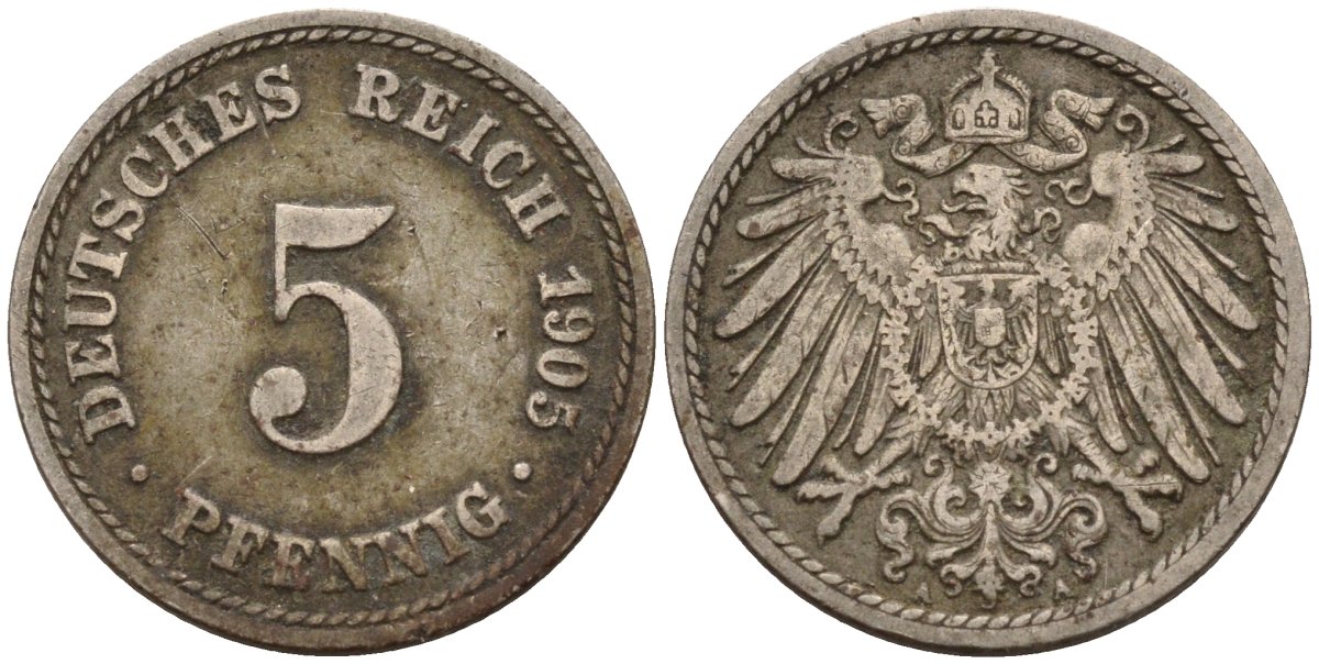 Германия 5 пфеннигов 1905 J KM 11, J. 12 медно-никель 4151-447