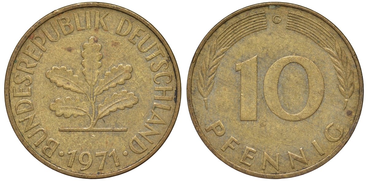 ФРГ 10 пфеннигов 1971 C KM 108, J. 383 сталь плакированная латунью 4132-543