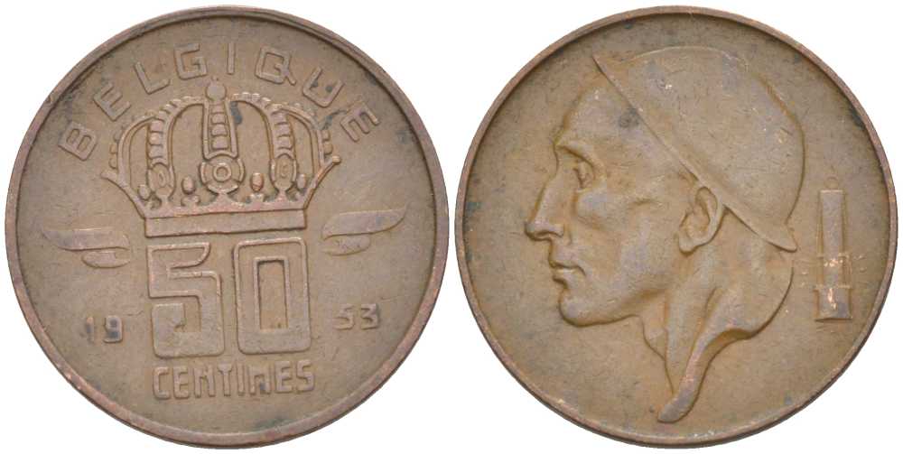 БЕЛЬГИЯ 50 САНТИМОВ 1953 BELGIQUE KM 144 бронза 4387-1263