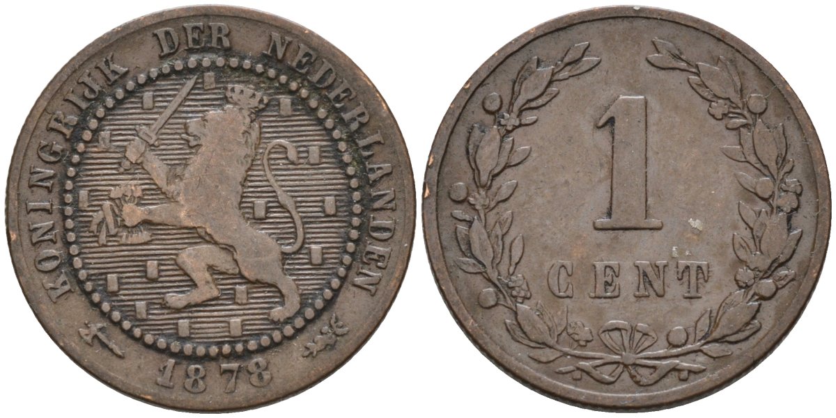 Нидерланды 1 цент 1878 Виллем III (1849-1890) KM 107 бронза 4576-531
