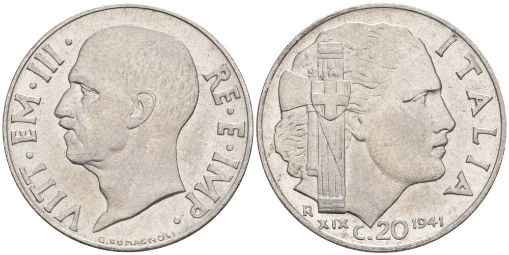 ИТАЛИЯ 20 ЧЕНТЕЗИМО 1941 R, ГОД XIX, ВИКТОР ЭММАНУИЛ III (1900-1946) KM 75b, VEM3. 1028 нержавеющая сталь 3853-616