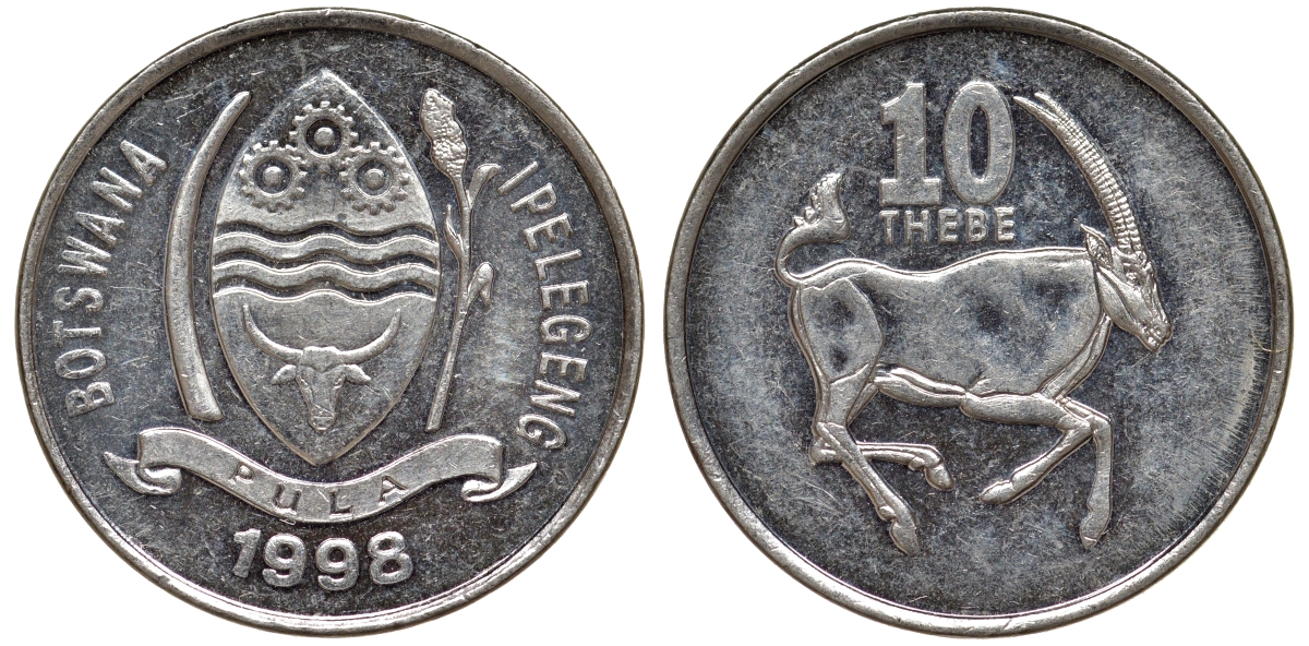 Ботсвана 10 тхебе 1998 сернобык KM 27 никелированная сталь 4164-541