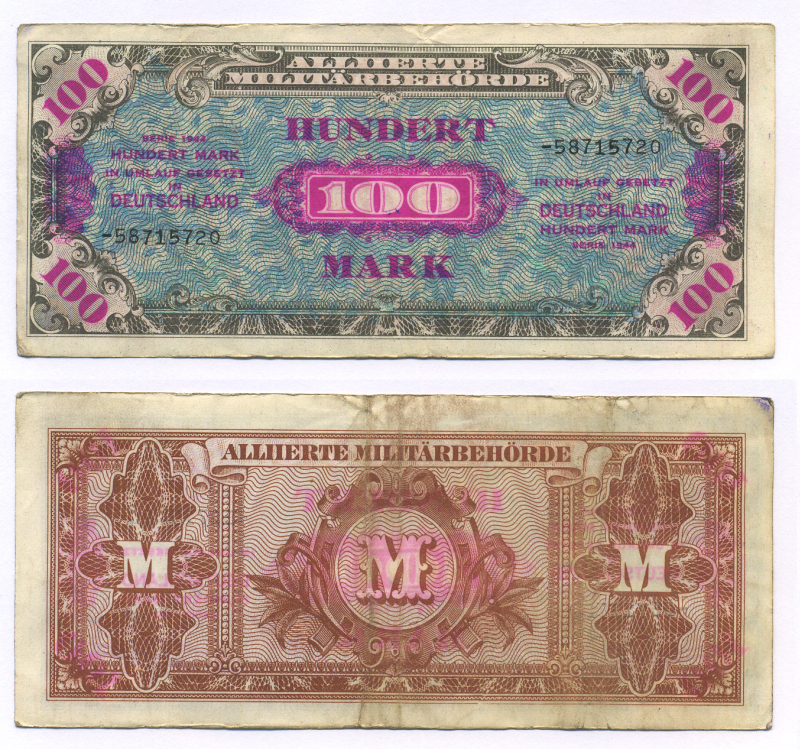ГЕРМАНИЯ 100 МАРОК 1944 8 ЦИФР В НОМЕРЕ, ОККУПАЦИЯ ГЕРМАНИИ, ВТОРАЯ МИРОВАЯ ВОЙНА Pick 198b бумага 6300-14-3-2