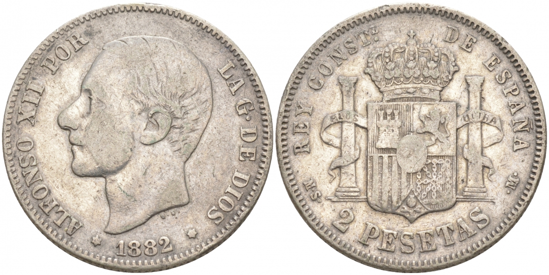 Испания 2 песеты 1882 MS-M, Альфонсо XII (1874-1885) KM 678 серебро 68-514