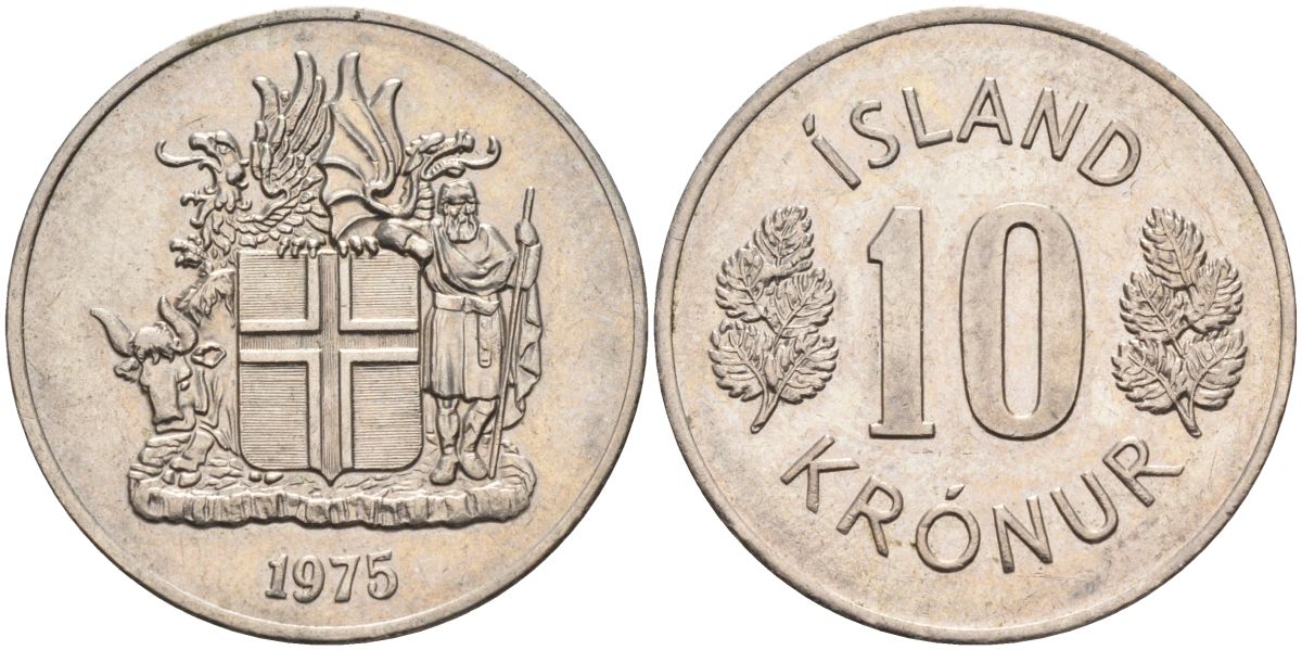 Исландия 10 крон 1975 KM 15 медно-никель UNC 4126-1011