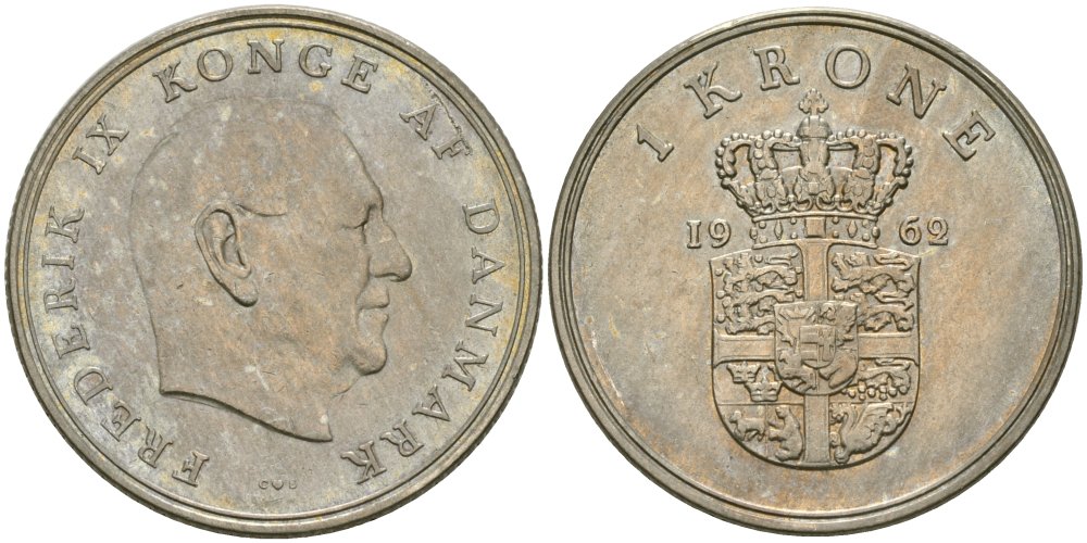 Дания 1 крона 1962 Фредерик IX (1947-1972) KM 851.1 медно-никель 4579-314