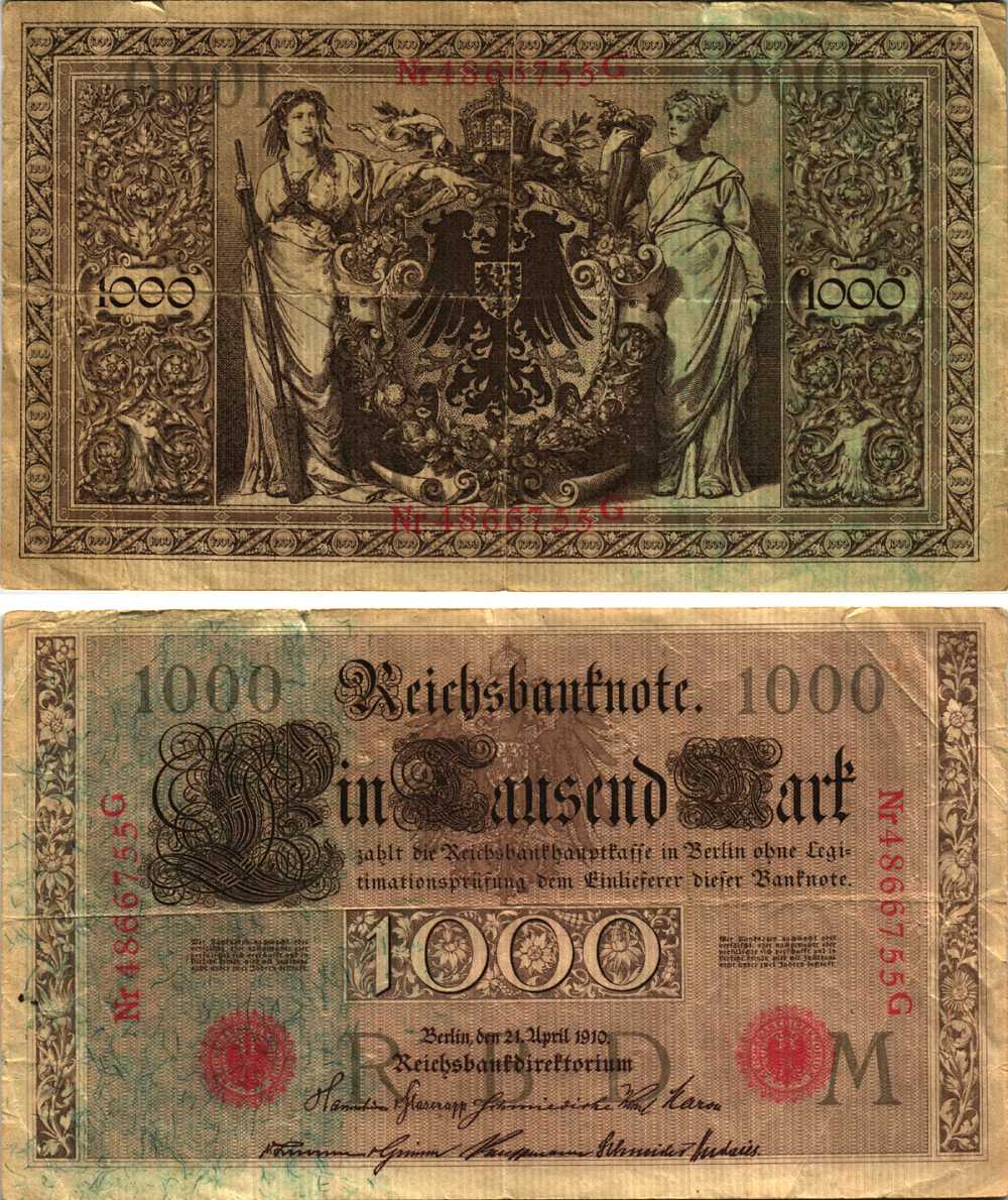 ГЕРМАНИЯ 1000 МАРОК 1910 21 АПРЕЛЯ 1910, СЕМИЗНАЧНЫЙ НОМЕР, СЕРИЯ G Pick 44b бумага 8610-12-1