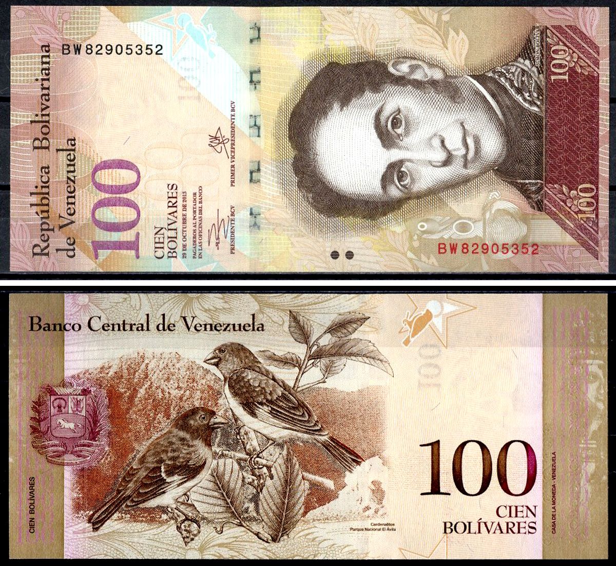 Венесуэла 100 боливаров 2013 29 октября 2013, Симон Боливар, птицы Pick 93 g бумага UNC (пресс) 402-71-1-2