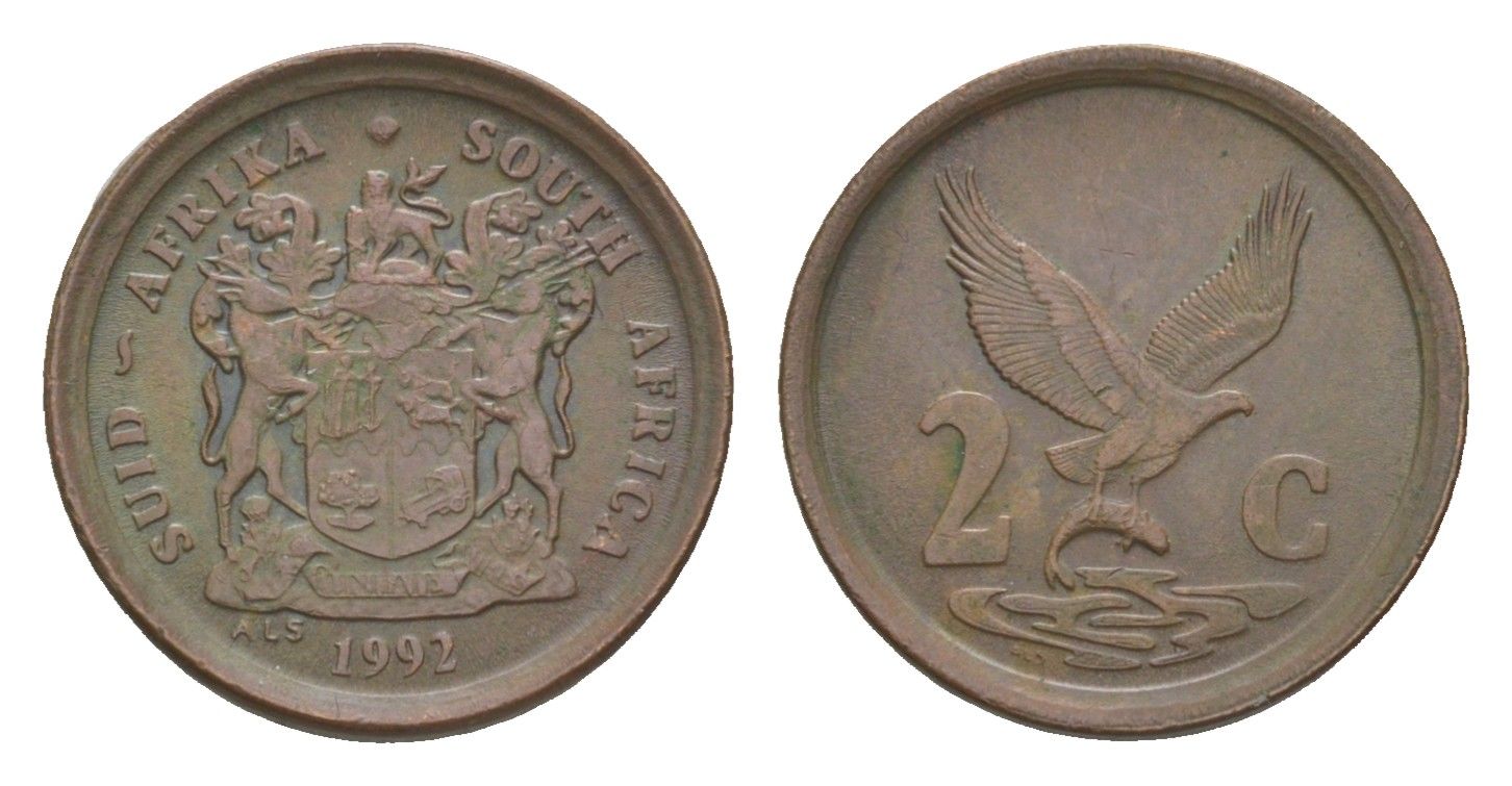 ЮАР 2 цента 1992 орел с рыбой KM 133 сталь плакированная медью 4189-1169