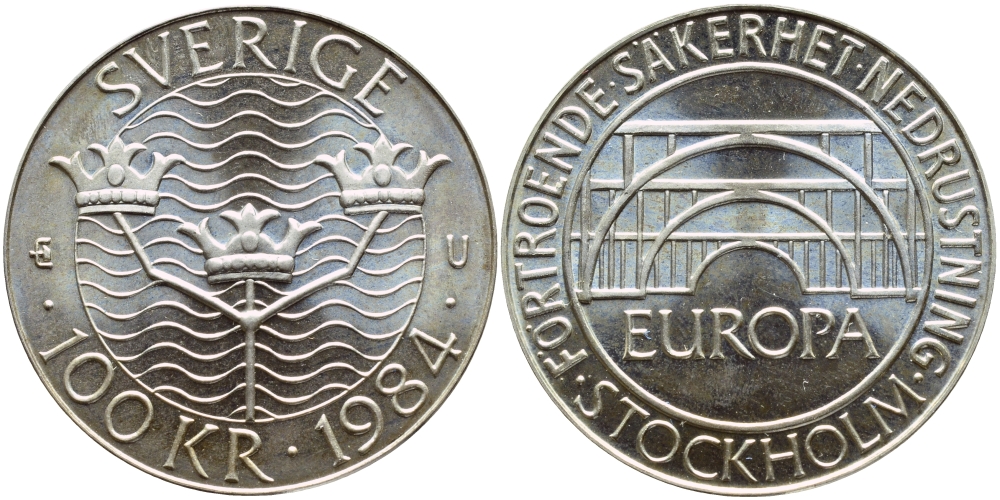 Швеция 100 крон 1984 Карл XVI Густав (1973- ), Стокгольмская конференция KM 863 серебро UNC 1072-5-34