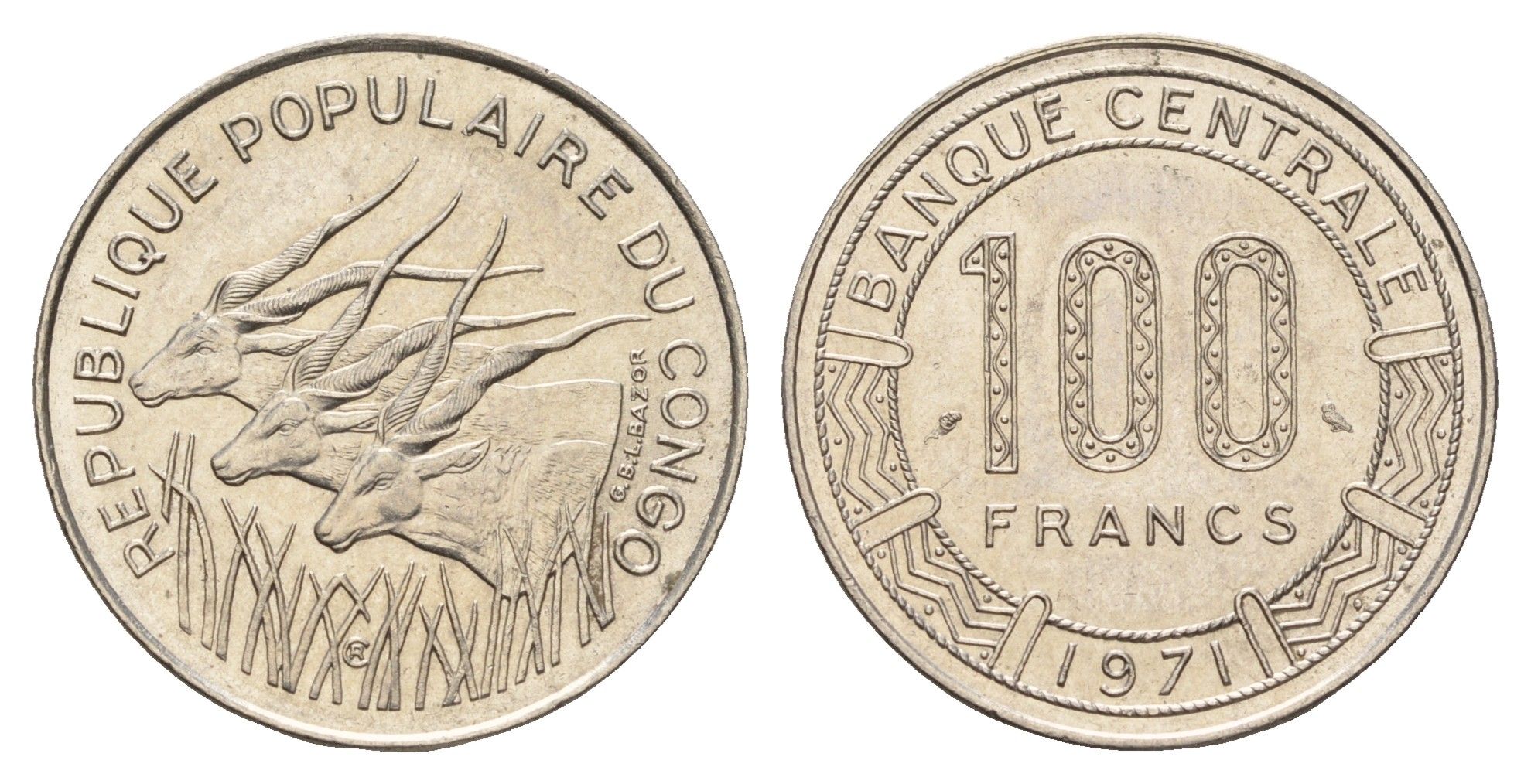 Конго 100 франков 1971 KM 1 никель aUNC 4671-124