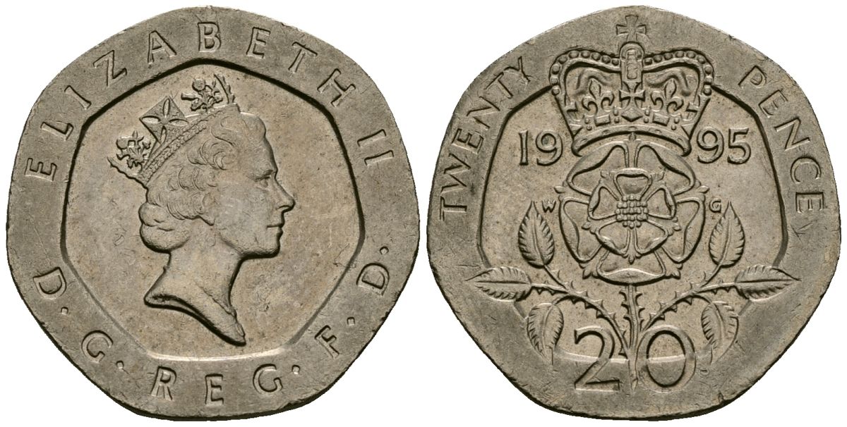 Великобритания 20 пенсов 1995 Елизавета II (1952-2022) KM 939, Spink 4361 (G2) медно-никель 4544-126