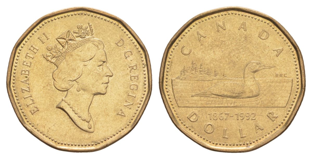 Канада 1 доллар 1992 125 лет Канадской конфедерации KM 209 никель плакированный позолоченной бронзой 4631-754