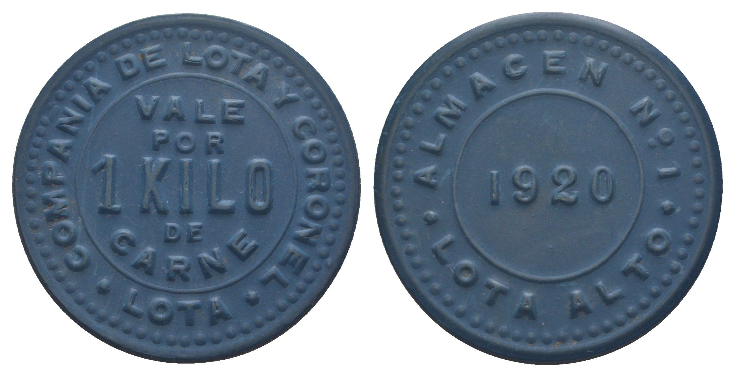 Чили, компании Лота и Коронель (Compania de Lota y Coronel) - Склад № 2 жетон в 1 килограмма мяса 1920 диаметр 34,5 мм, вес 5,02 гр не описан в Espinosa эбонит (синий) 01-237-33