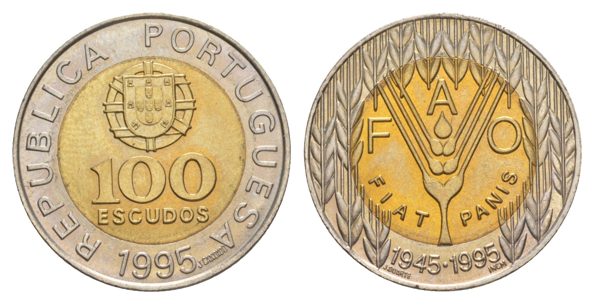 Португалия 100 эскудо 1995 50 лет продовольственной программе ФАО KM 678 биметалл UNC 4390-1056