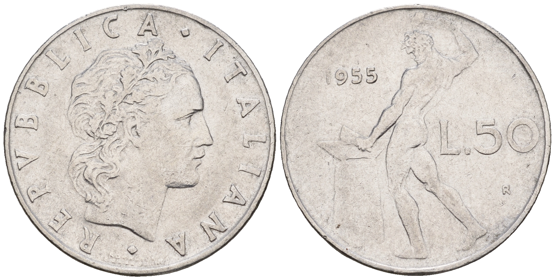 Италия 50 лир 1955 R, бог огня Вулкан у наковальни KM 95.1 нержавеющая сталь 259-131