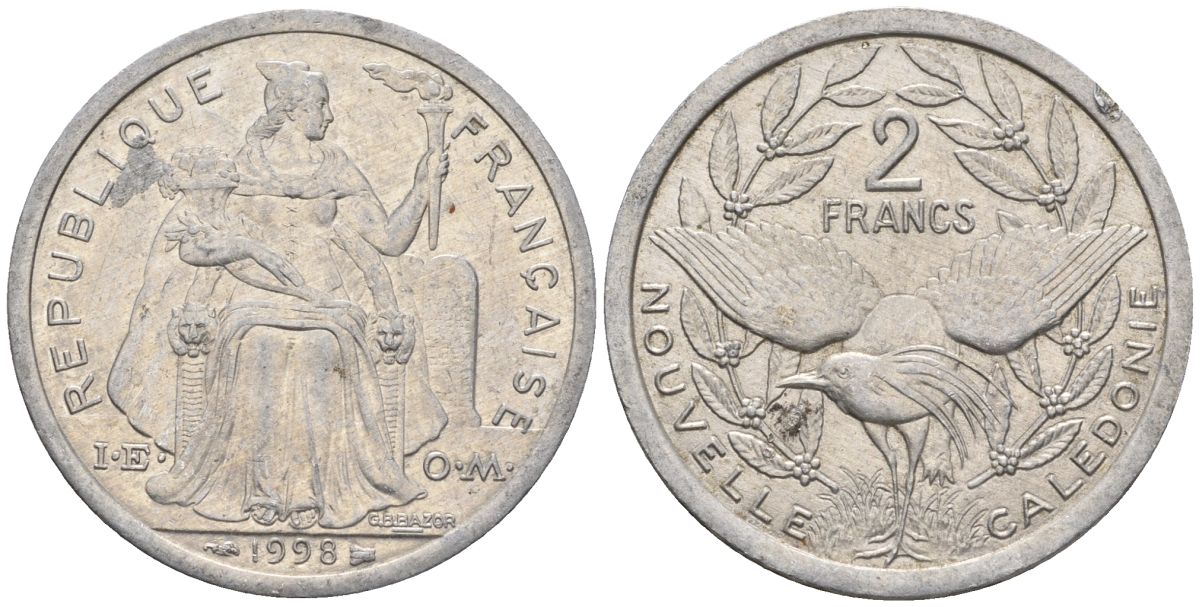 Французская Новая Каледония 2 франка 1998 птица кагу, (IEOM) KM 14, Schoen 11, Lec 68c алюминий    25-451