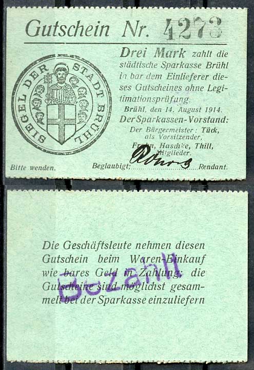 Германия, Брюль 3 марки 1914 нотгельд, 1914/1915 Diessner 52.8.b бумага UNC (пресс) 8614-43-3-2