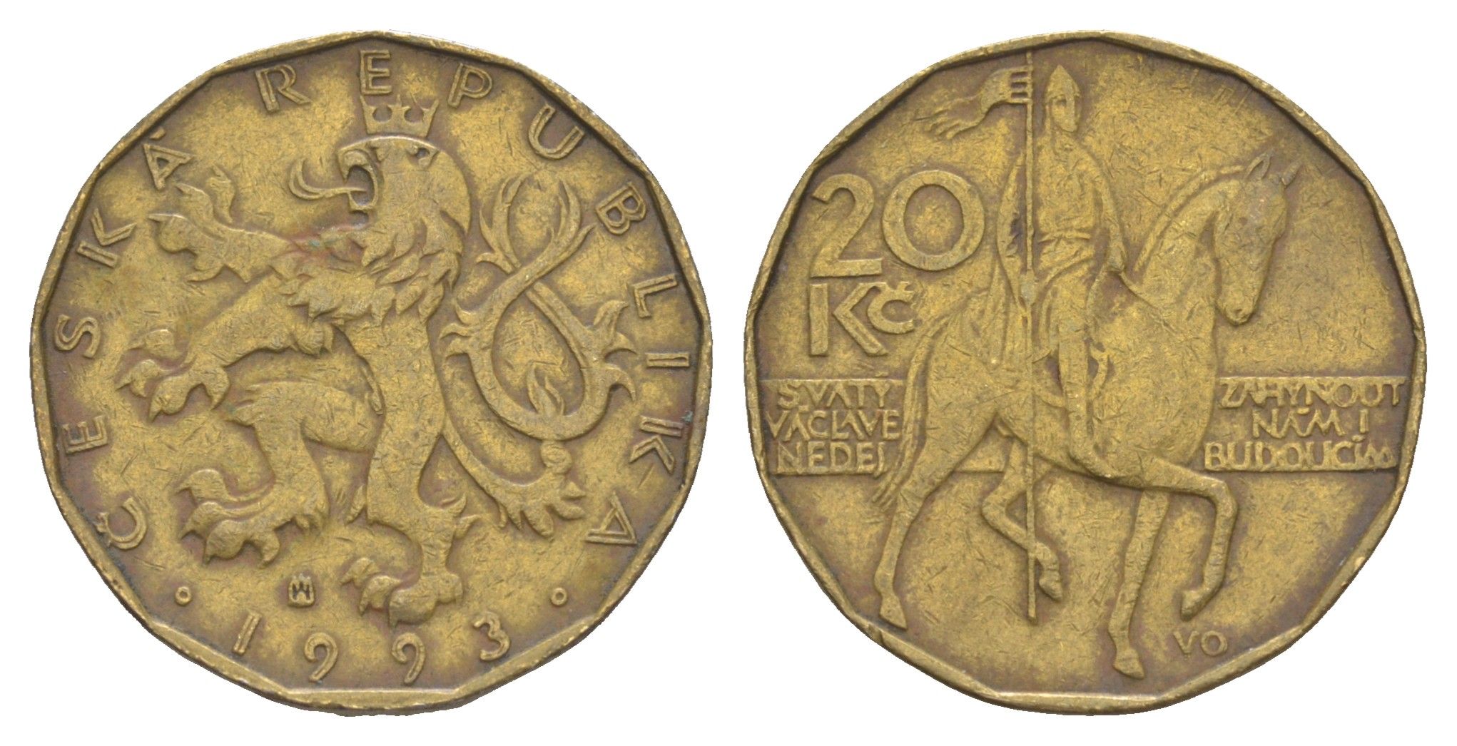 Чехия 20 крон 1993 чешский лев, герцог Вацлав на коне KM 5 сталь плакированная латунью 4514-752