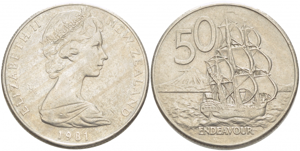 Новая Зеландия 50 центов 1981 Елизавета II (1952-2022), парусник Индевор KM 37.1 медно-никель 215-213