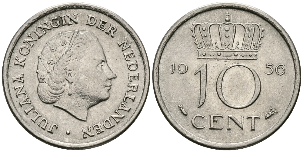 НИДЕРЛАНДЫ 10 ЦЕНТОВ 1956 ЮЛИАНА KM 182 никель 96-513