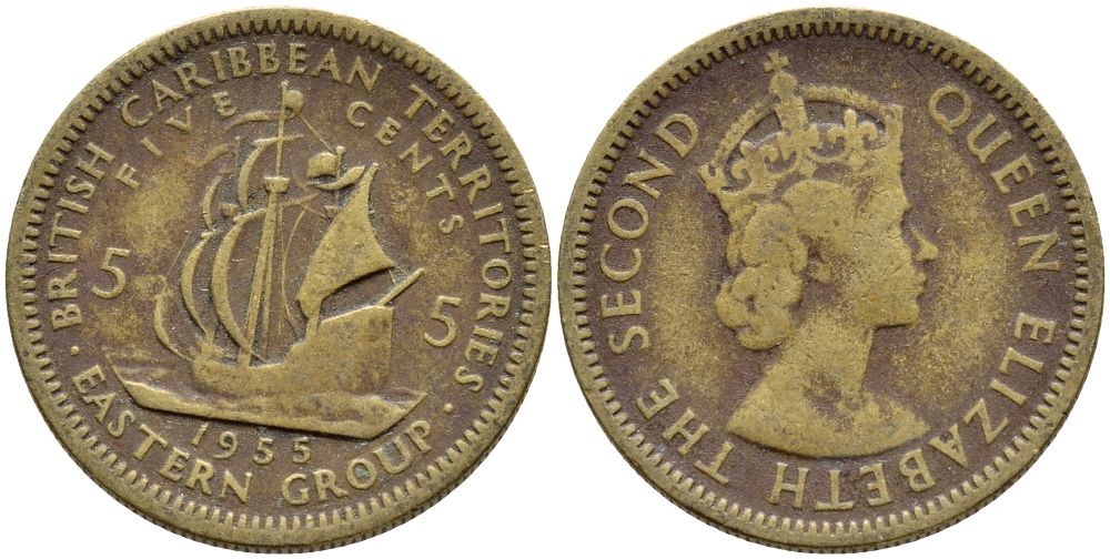 Британские Восточно-Карибские территории 5 центов 1955 Елизавета II (1952-2022), парусник KM 4 никель латунь 89-1326