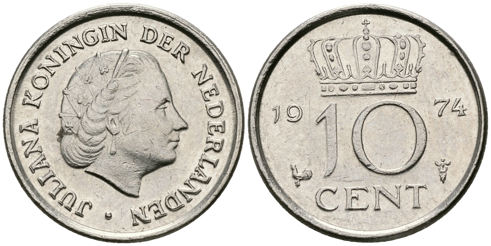 НИДЕРЛАНДЫ 10 ЦЕНТОВ 1974 ЮЛИАНА KM 182 никель 96-364