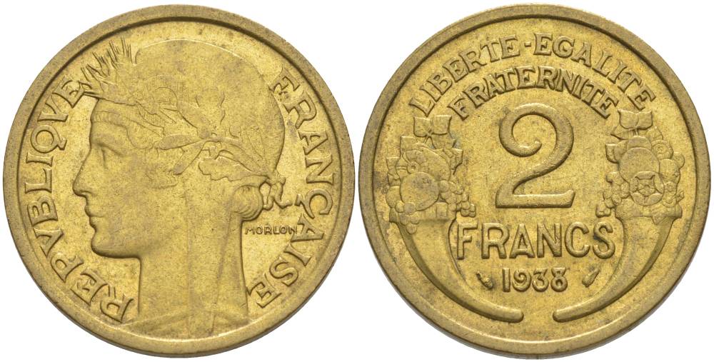 ФРАНЦИЯ 2 ФРАНКА 1938 ТИП MORLON KM 886, LE FRANC 268.11 алюминиевая бронза 3855-114