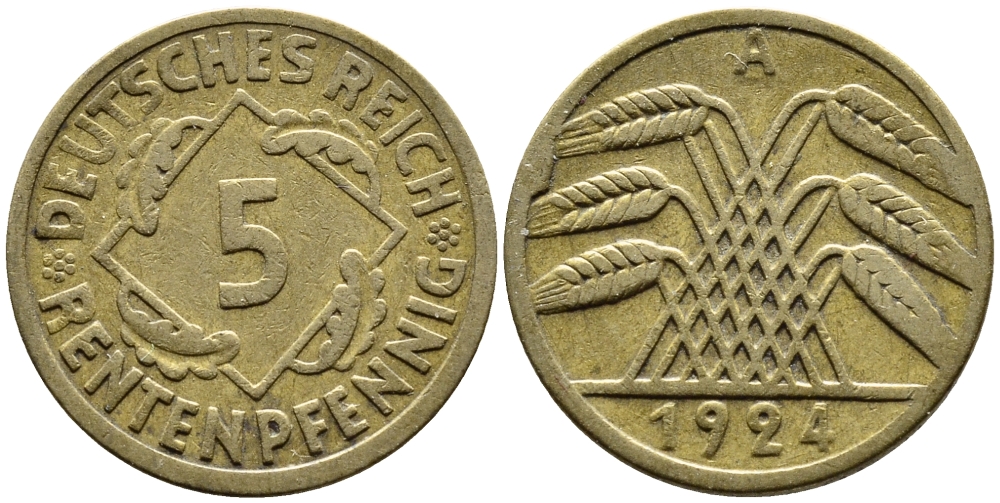ГЕРМАНИЯ 5 РЕНТЕНПФЕННИГОВ 1924 A, KM 32, J. 308 алюминиевая бронза 4387-1145
