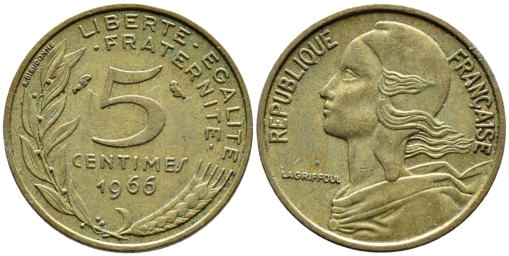 ФРАНЦИЯ 5 САНТИМОВ 1966 ТИП MARIANNE KM 933, LE FRANC 125.2 алюминиевая бронза 4392-456