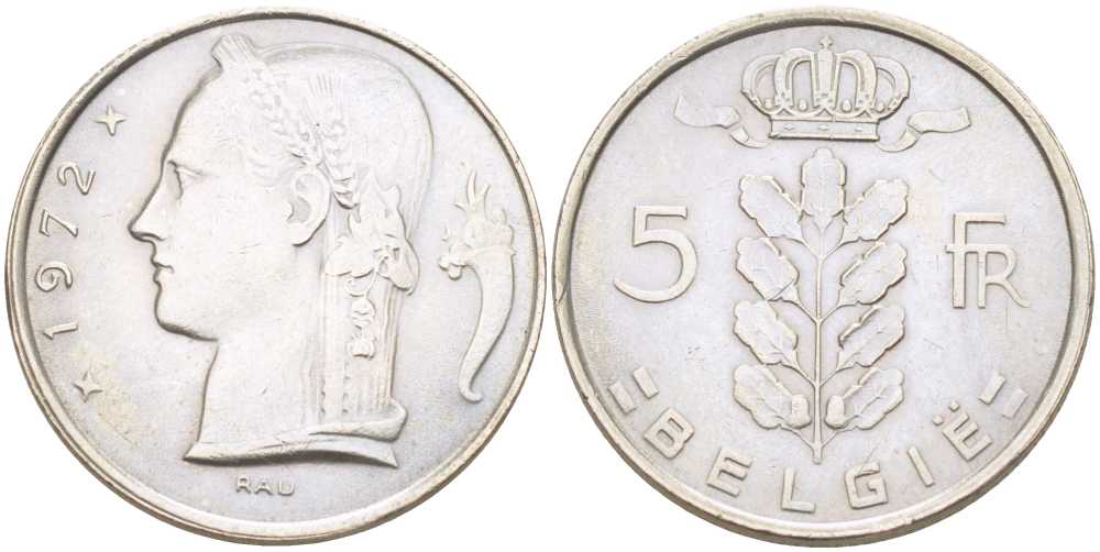 Бельгия 5 франков 1972 Belgie, Бодуэн I (1951-1993) KM 135.1 медно-никель 202-1215