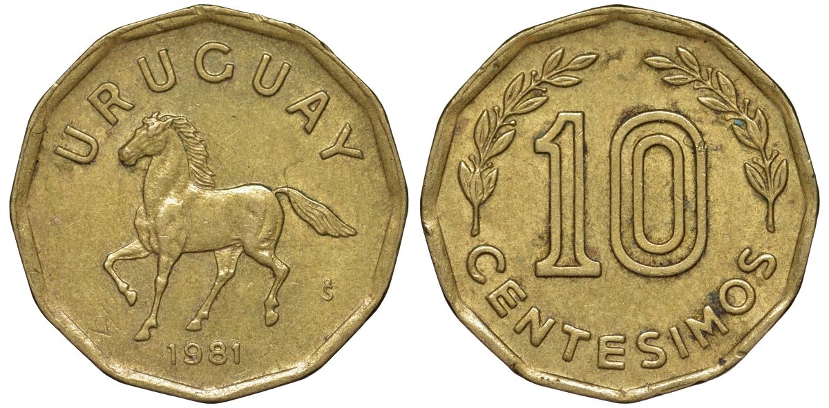 Уругвай 10 сентесимо 1981 KM 66 алюминиевая бронза 4169-512