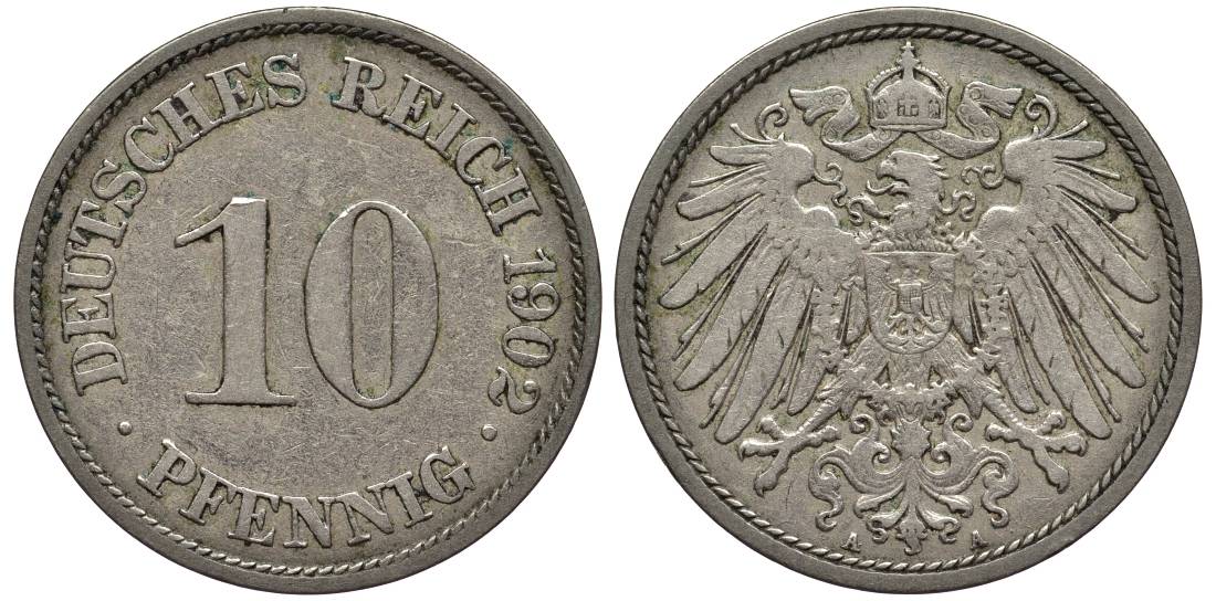 Германия 10 пфеннигов 1902 A KM 12, Jager 13, Weege 8 медно-никель 219-345