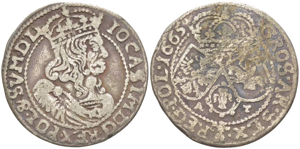 Польша 6 грошей (шостак) 1665 A-T, Ян II Казимир (1648-1668), вес 3,28 гр., легенда (IO CASIM) KM 91, Kopinski 114.6a серебро 1517-932