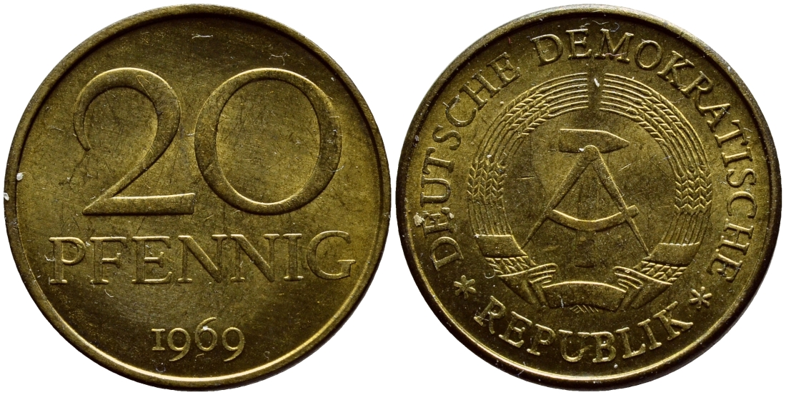 ГДР 20 пфеннигов 1969 А, первый год KM 11 латунь UNC 4398-1143
